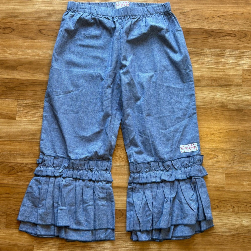 Ruffle Girl blue jean denim chambray ruffle pants Large‎